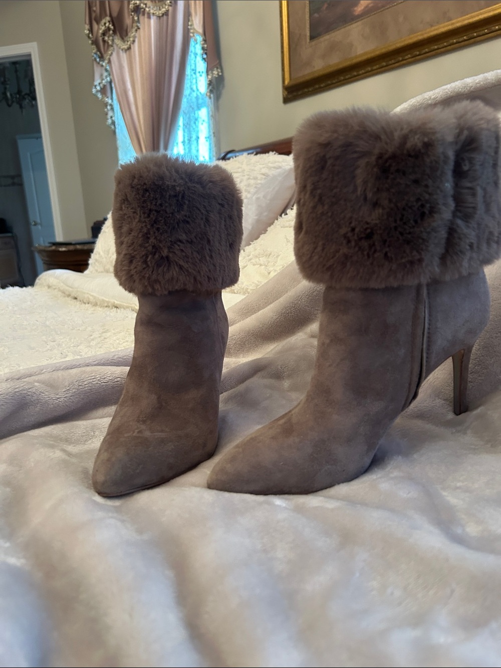 Sam Edelman Taupe Suede Faux-Fur Cuff Pointed Ankle Boots